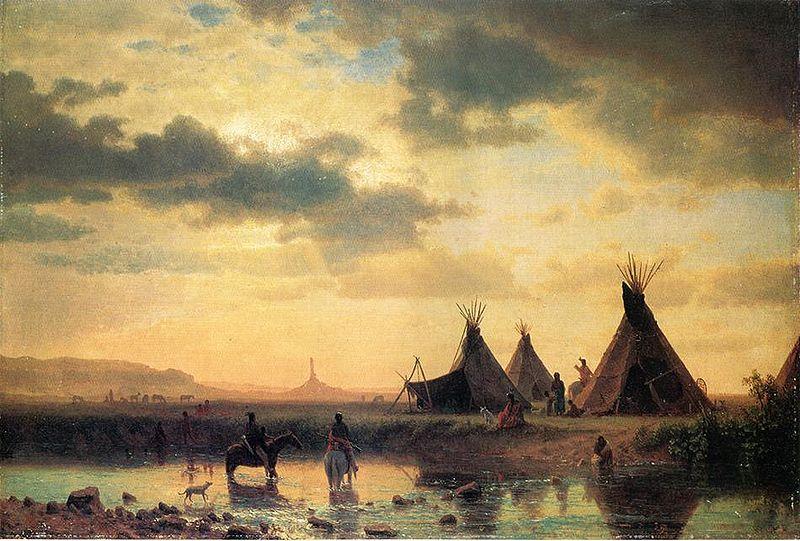Albert Bierstadt View of Chimney Rock, Ogalillalh Sioux Village in Foreground Germany oil painting art